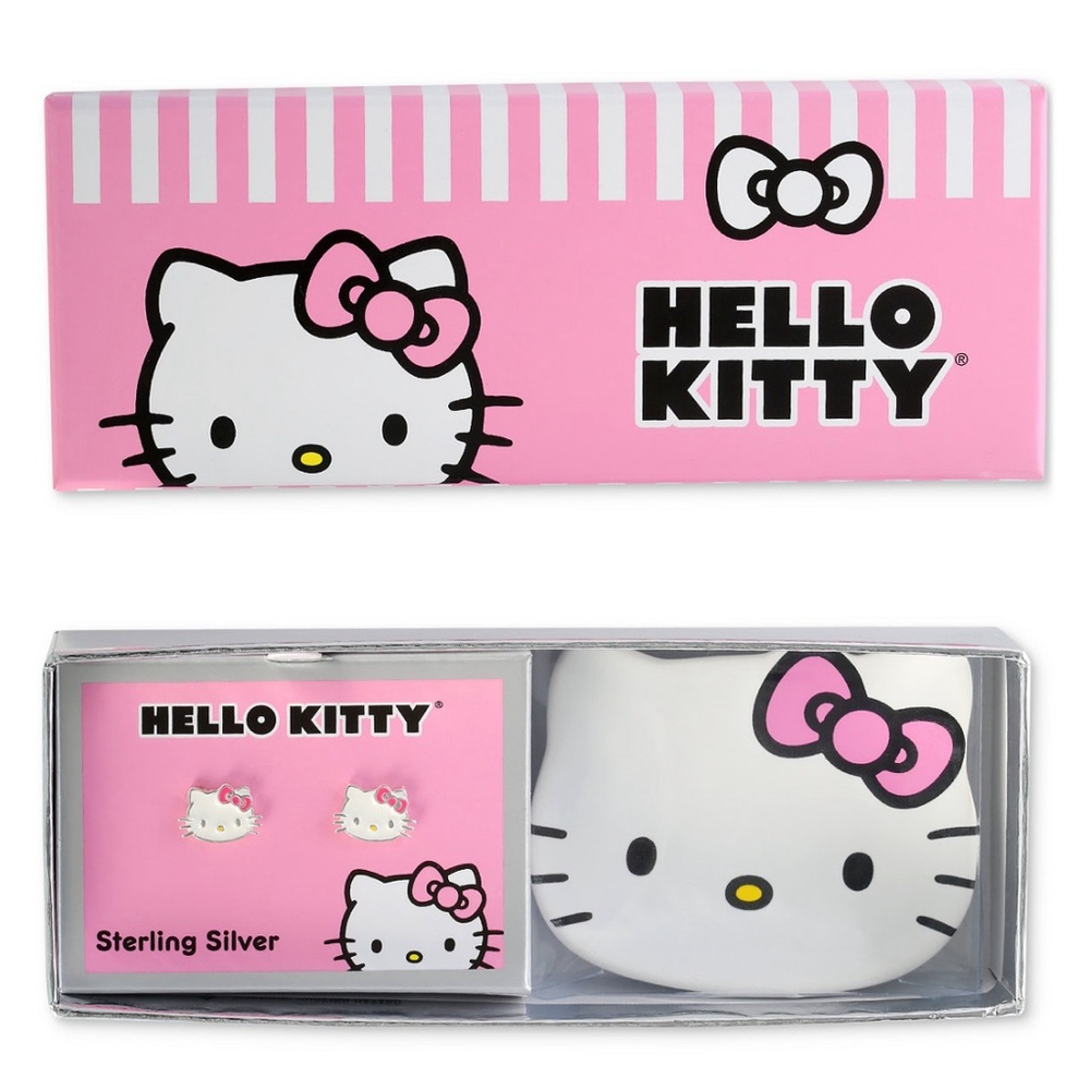 New Hello Kitty Sterling Silver Stud Earrings & Ceramic Tray